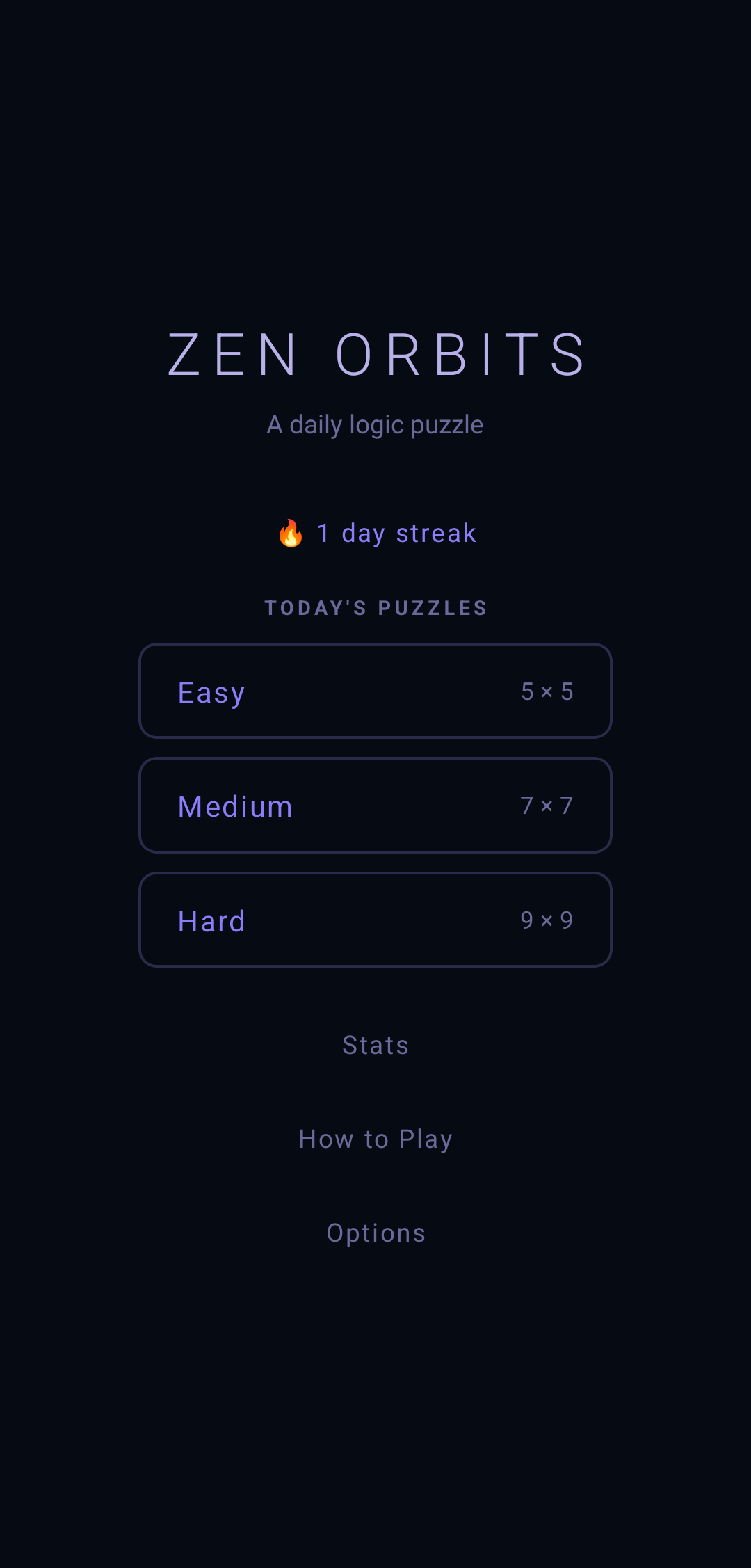 Home screen showing daily puzzle selection
